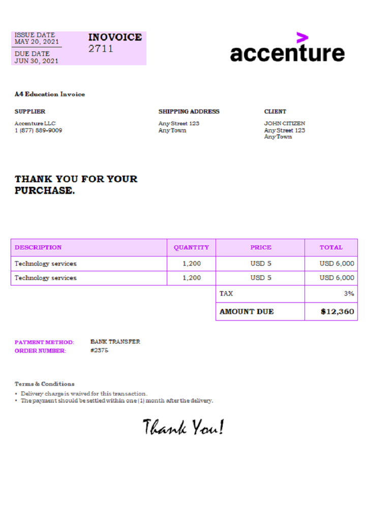 USA Accenture invoice PSD template